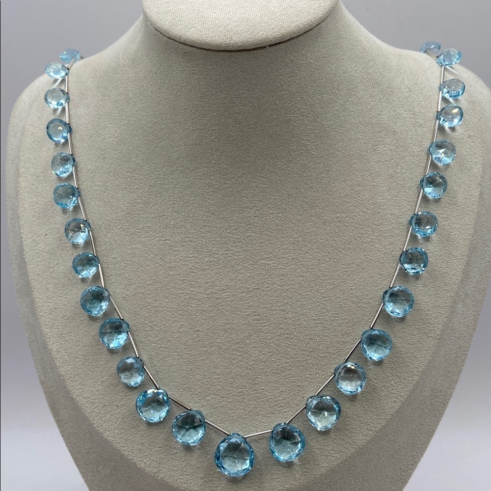 14K White Gold Blue Topaz Briolette Necklace 19”L